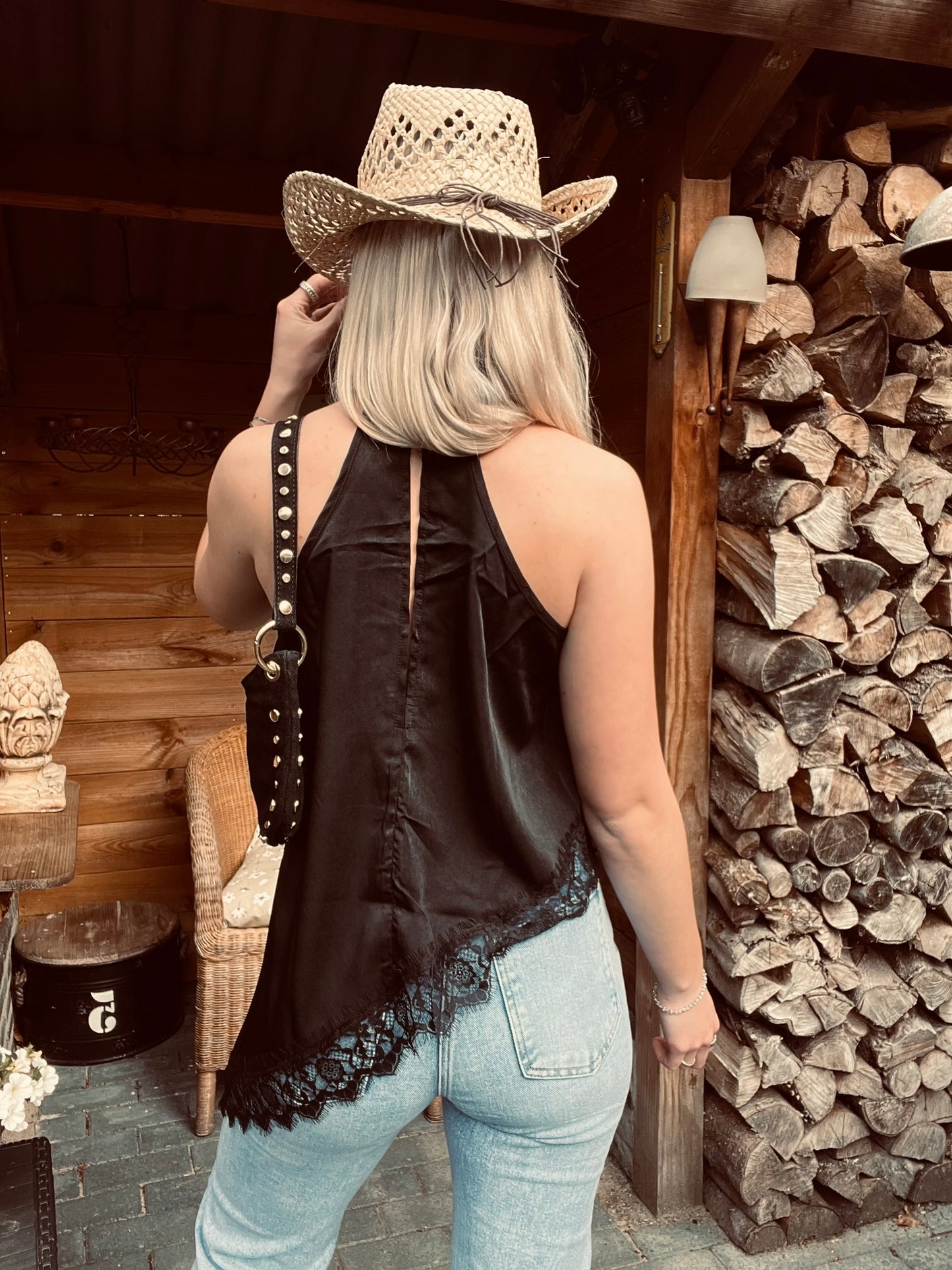 Asymmetrische Satijnen Kanten Haltertop