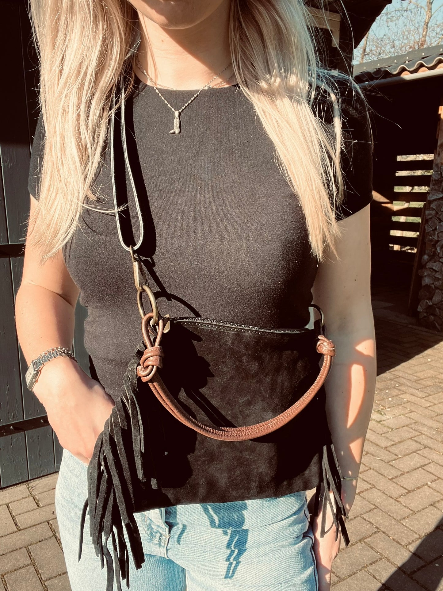 Zwarte Suède Leren Tas Met Studs
