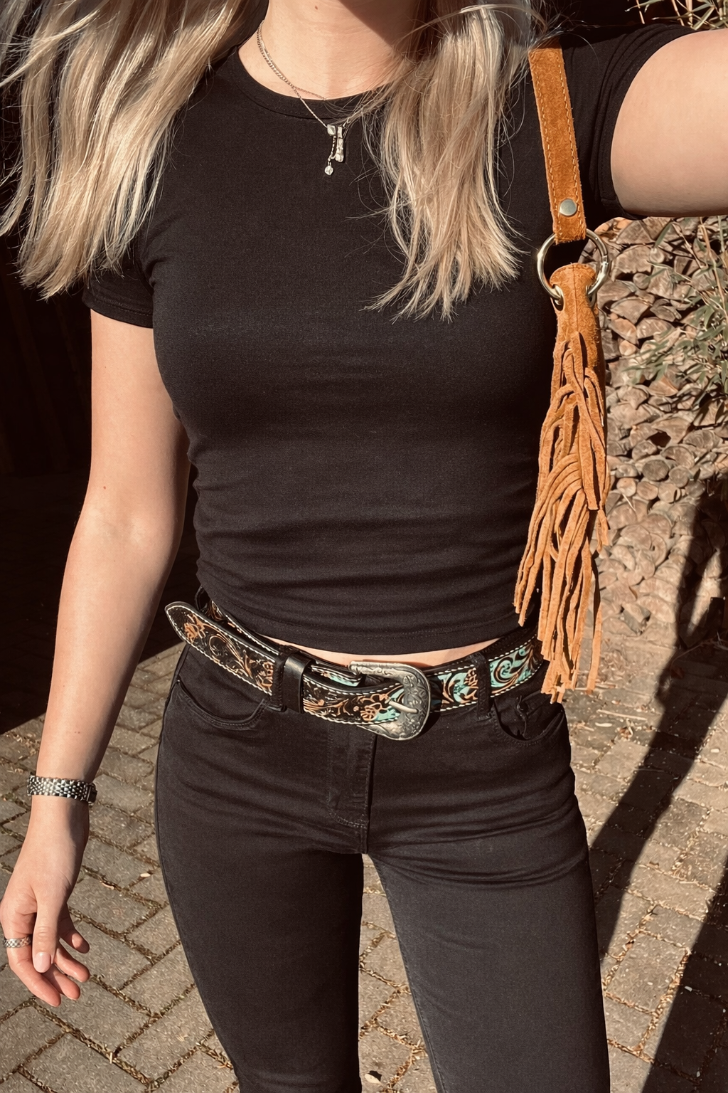 American Bison Leren Riem Met Turquoise Accenten