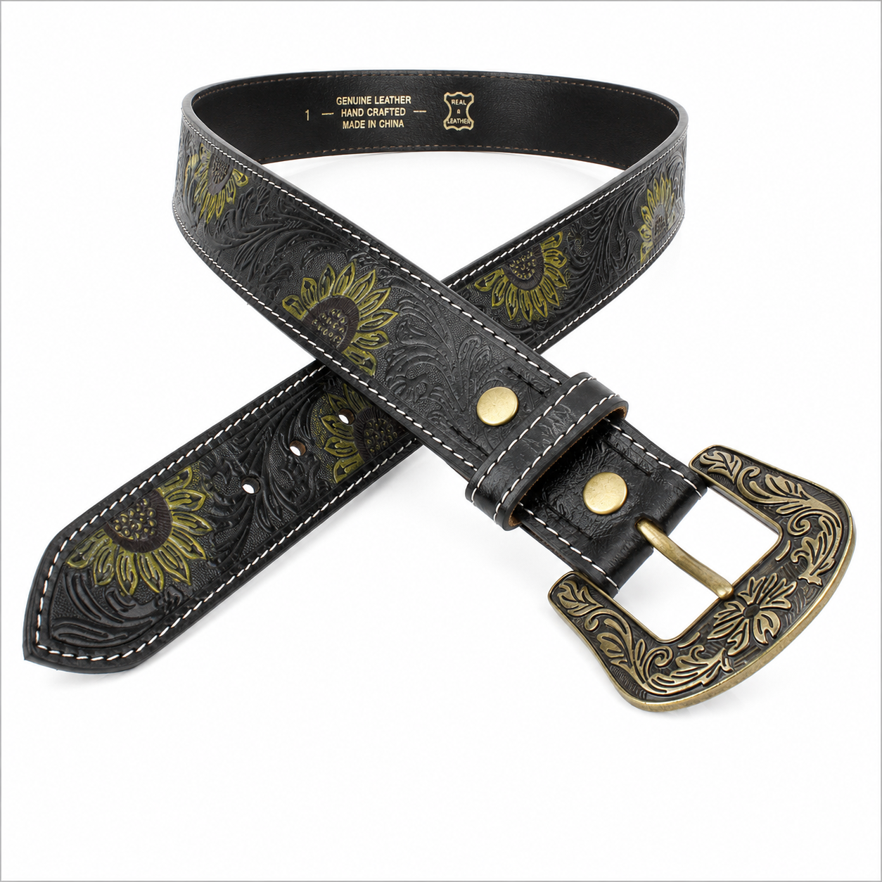Leren riem met zonnebloemen