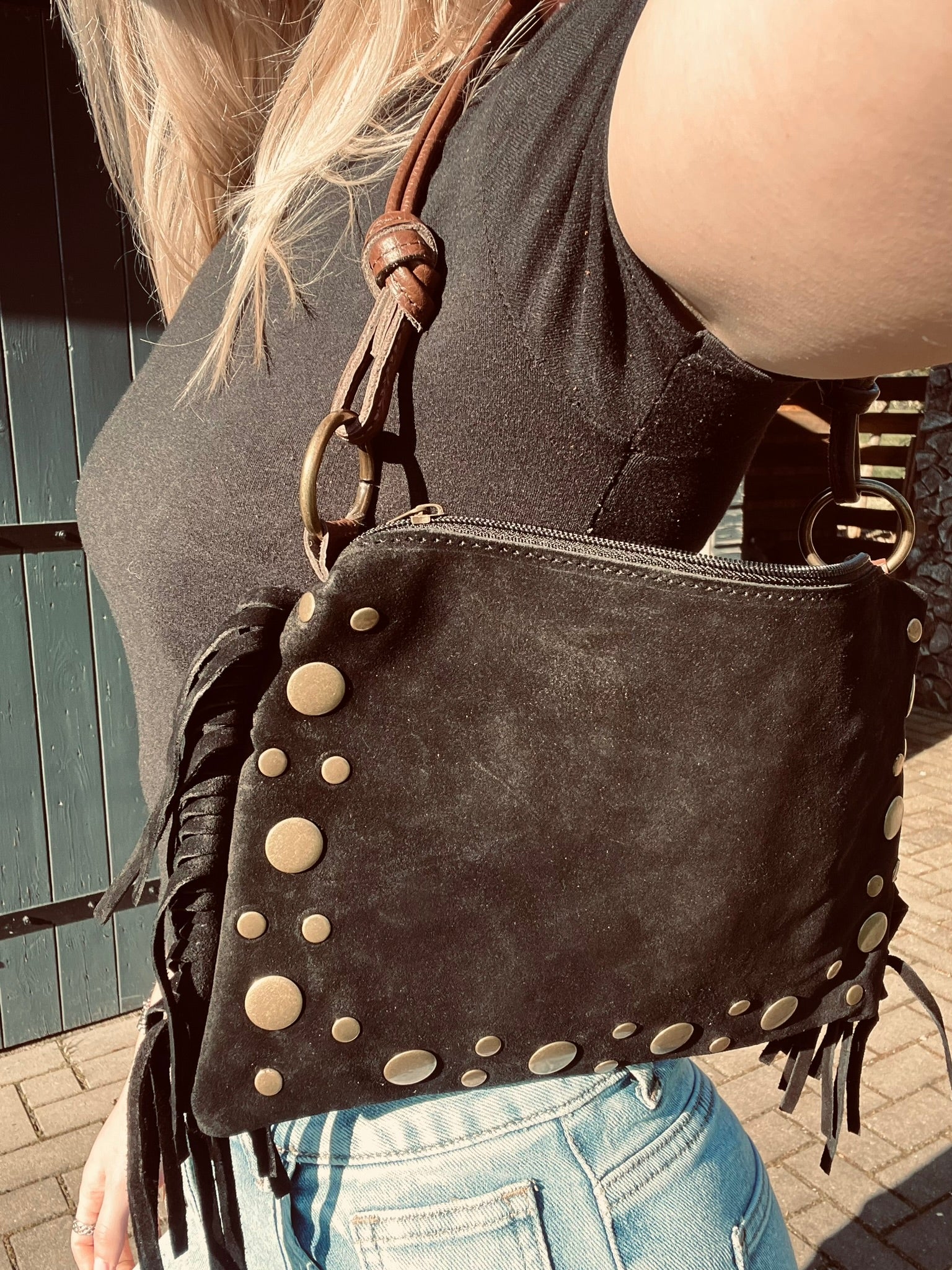 Zwarte Suède Leren Tas Met Studs