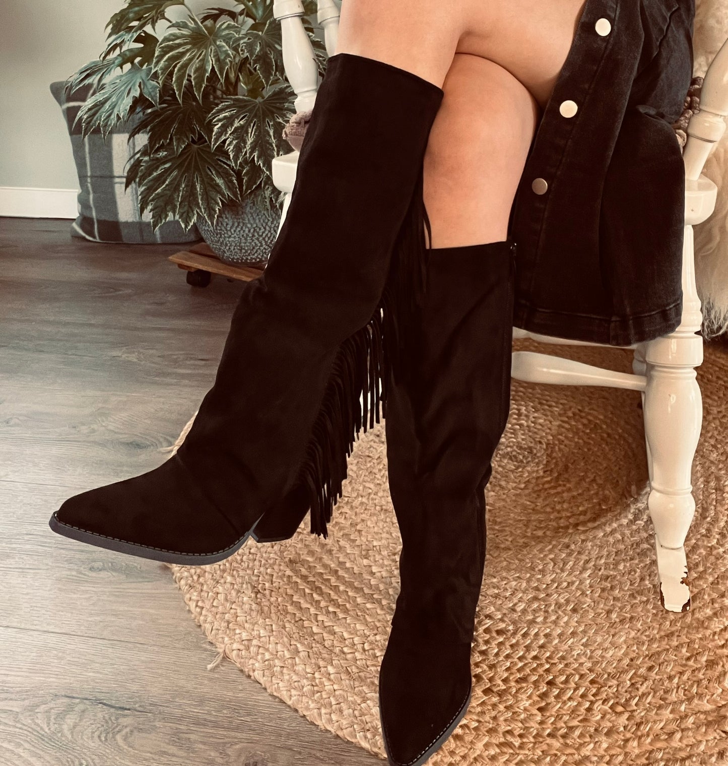 Zwarte Suède Cowboyboots met Franjes