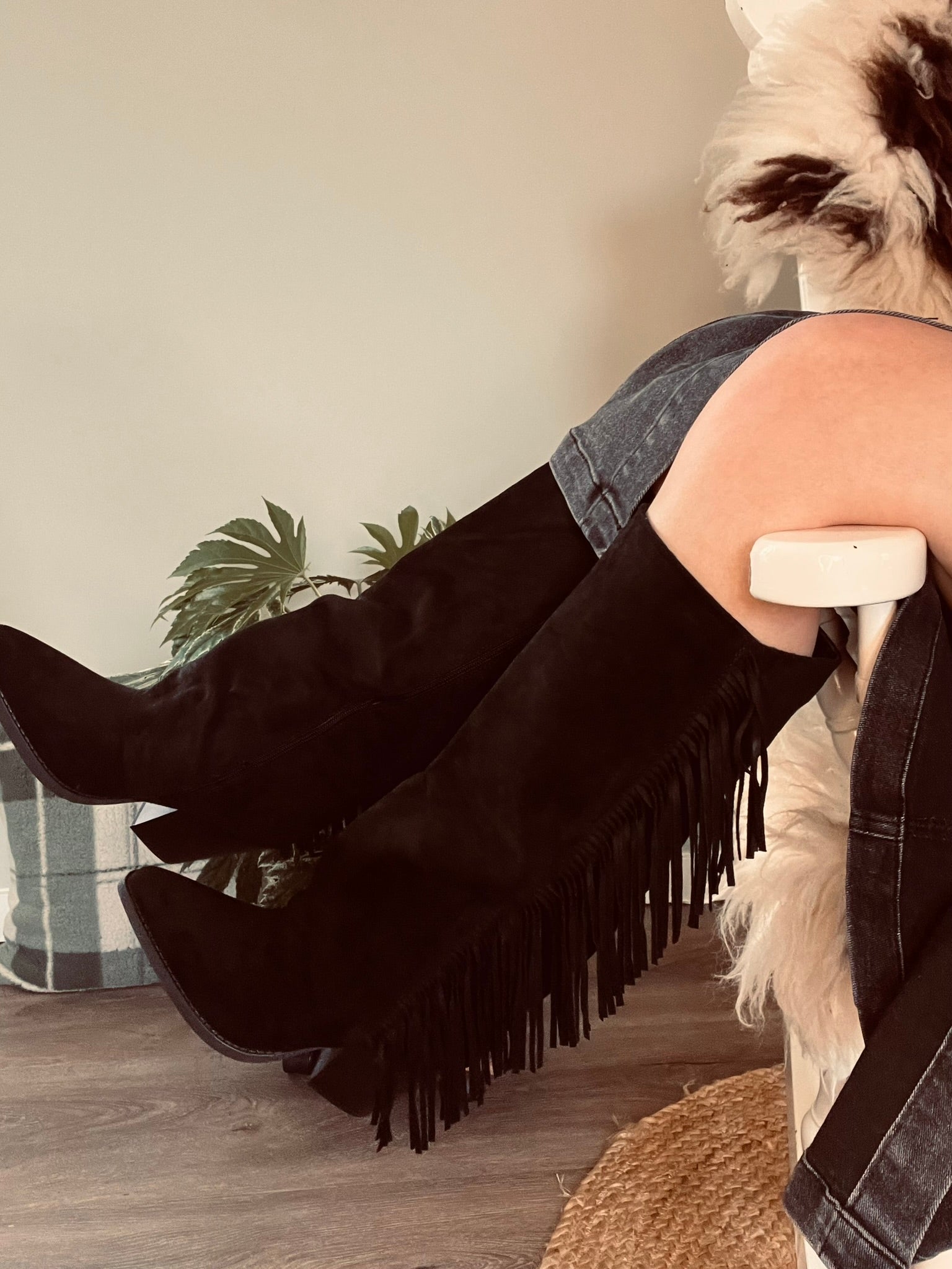 Zwarte Suède Cowboyboots met Franjes