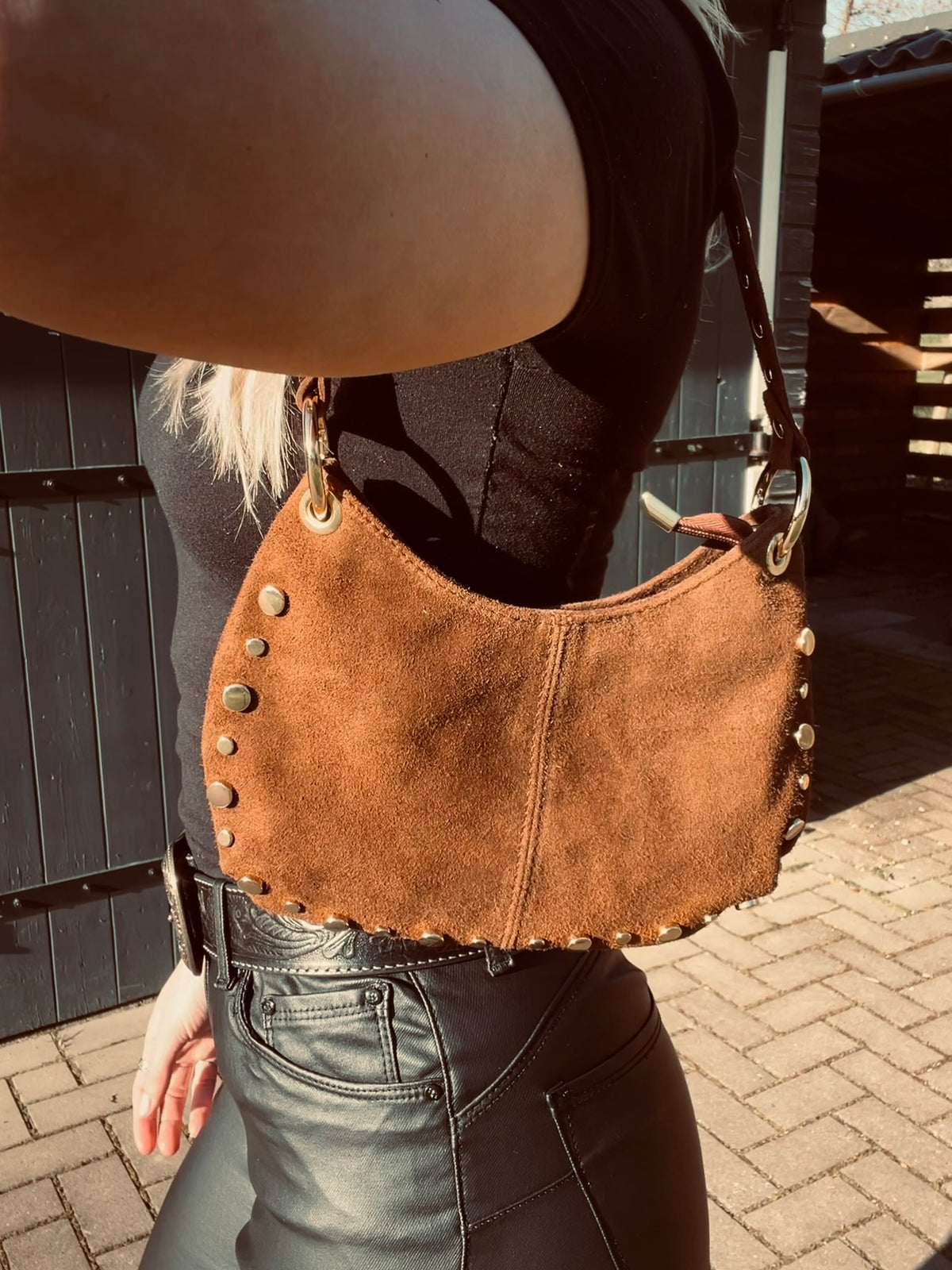 Bruine Suède Leren Tas Met Studs