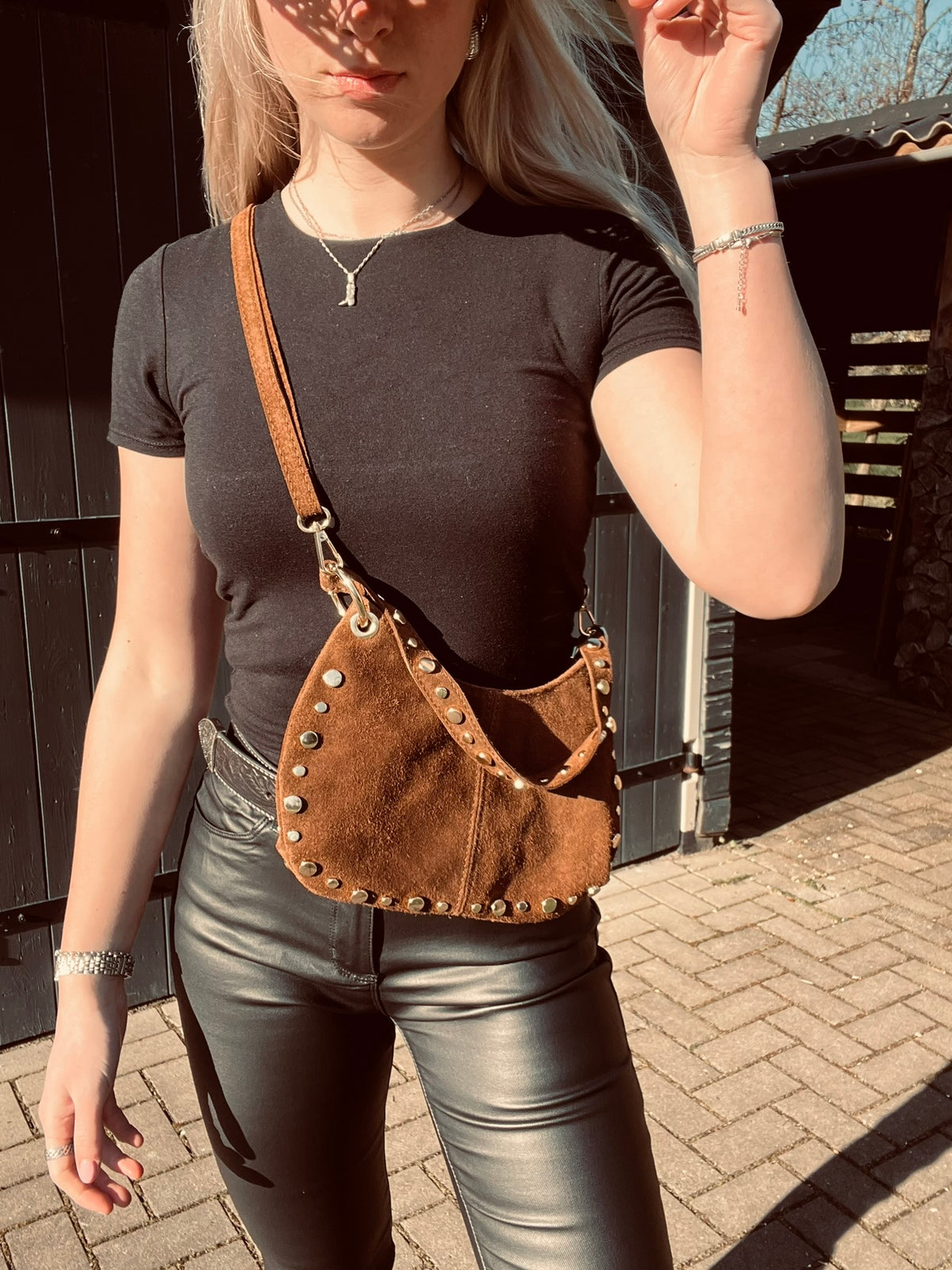 Bruine Suède Leren Tas Met Studs
