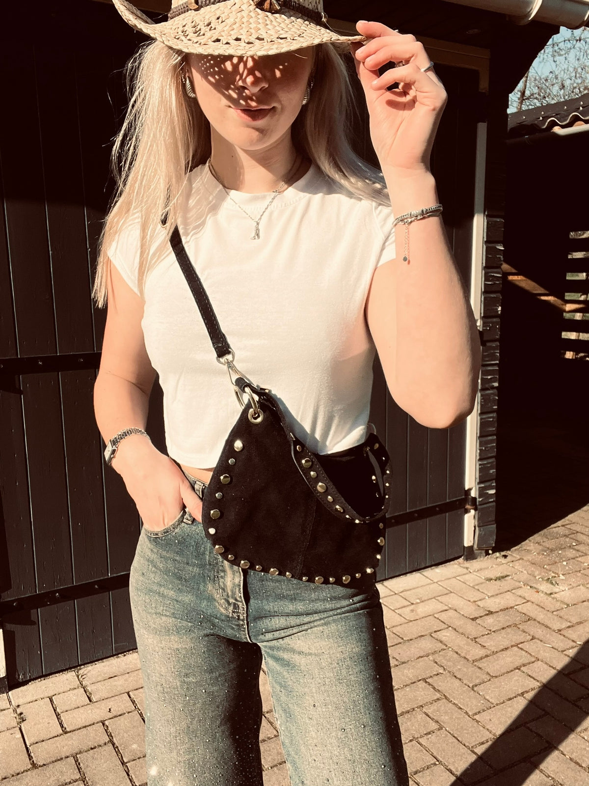 Zwarte Suède Leren Tas Met Studs