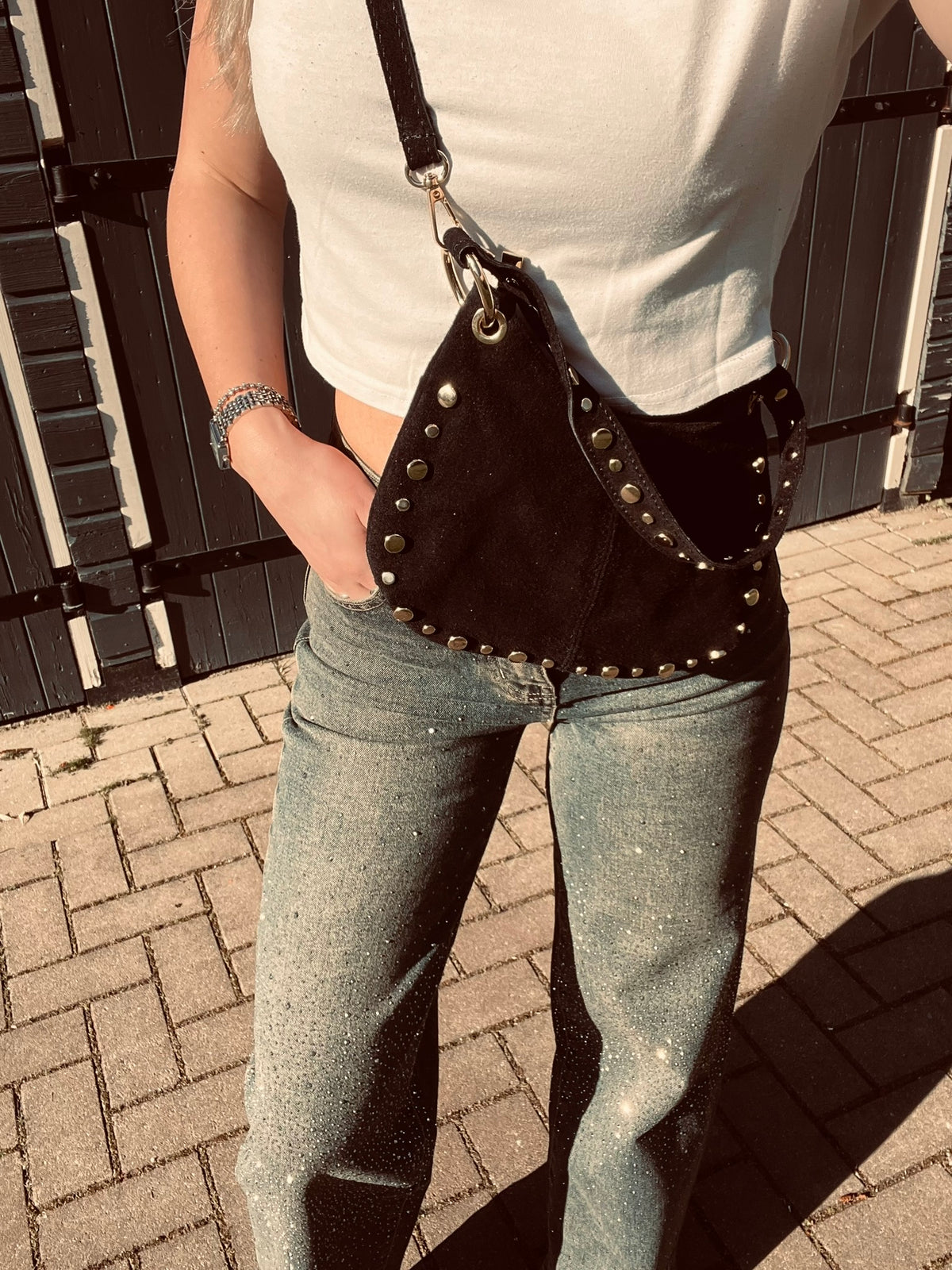 Zwarte Suède Leren Tas Met Studs