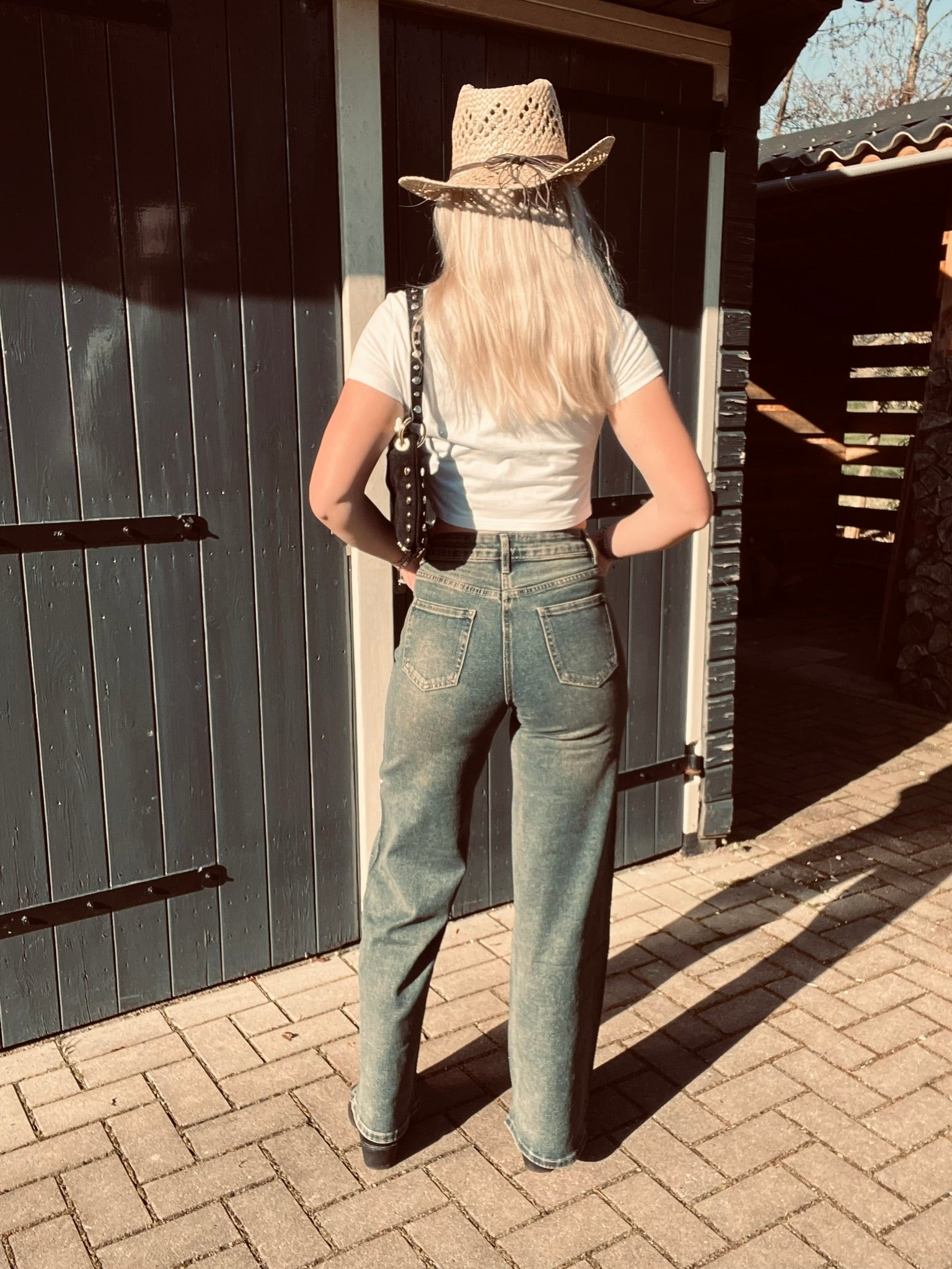 Blauwe Verwassen Glitter Wide Leg jeans