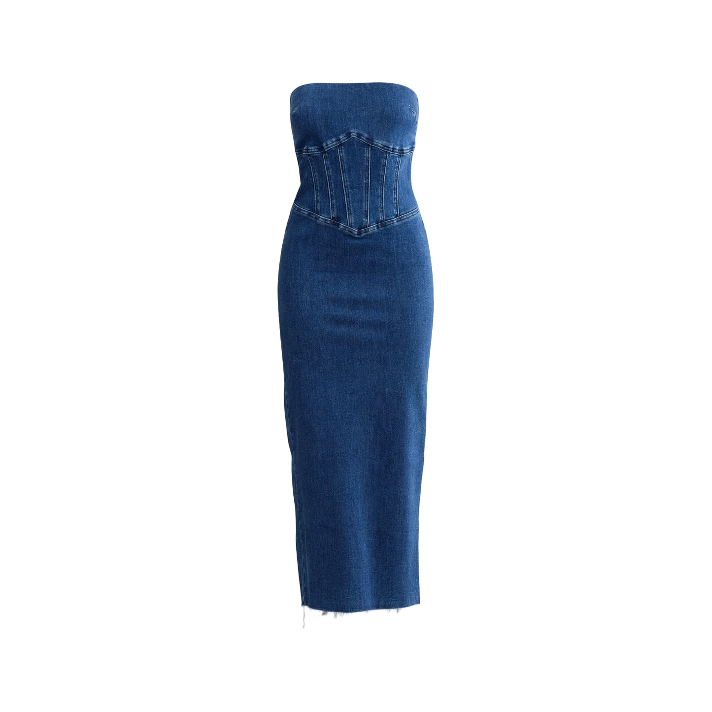 Blauwe Strapless Denim Jurk Met Split