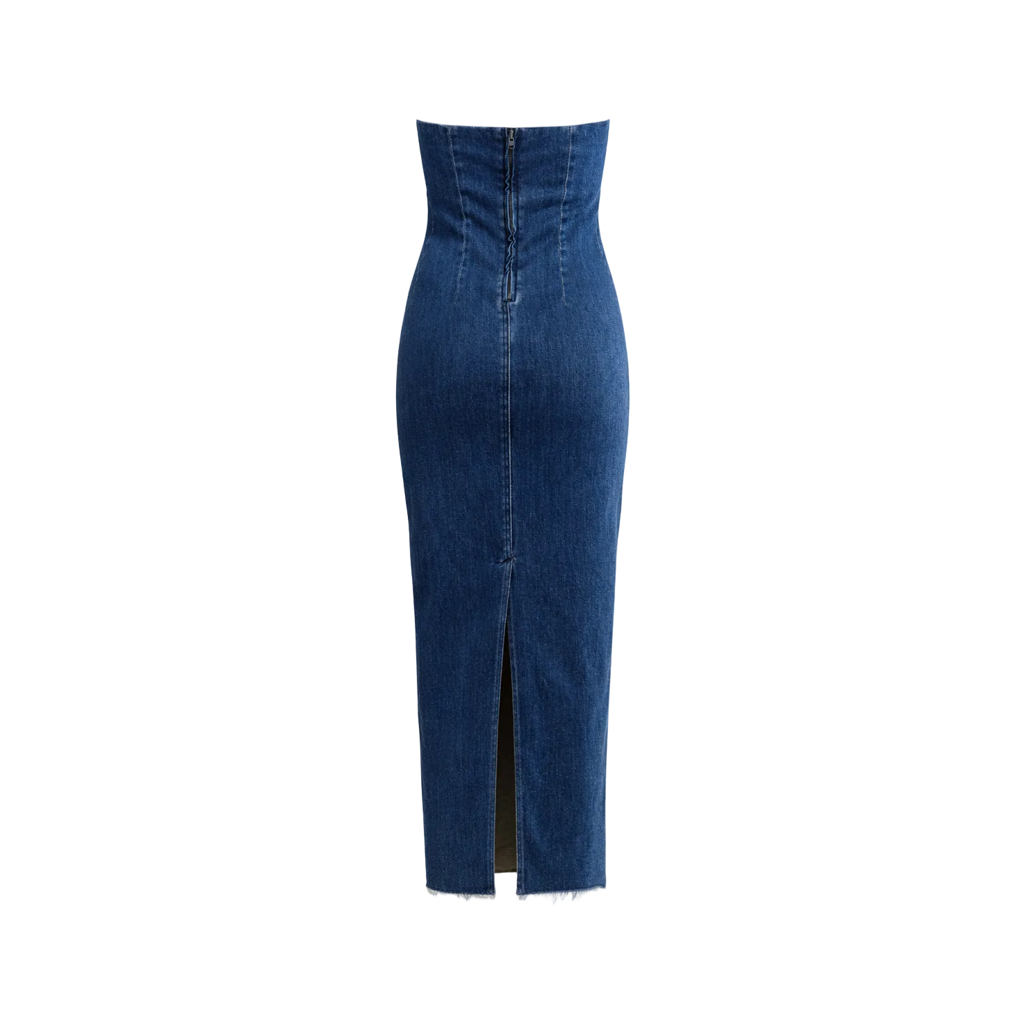 Blauwe Strapless Denim Jurk Met Split