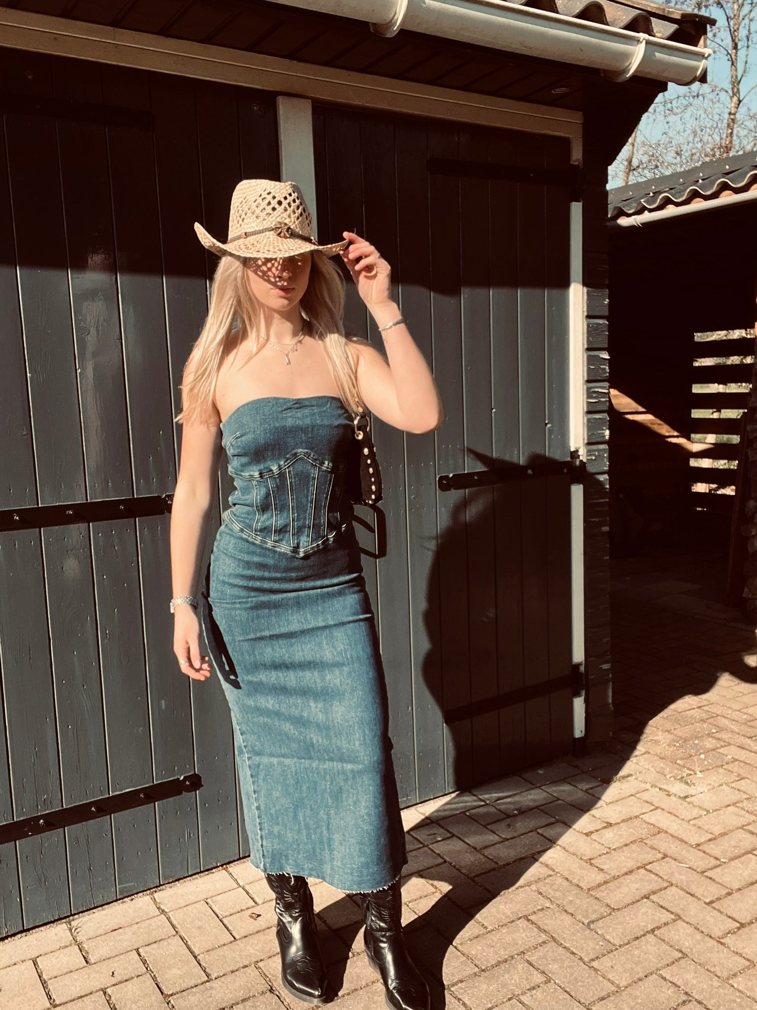 Blauwe Strapless Denim Jurk Met Split