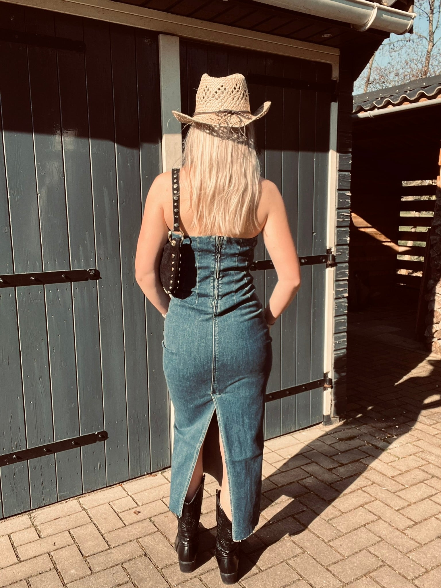 Blauwe Strapless Denim Jurk Met Split